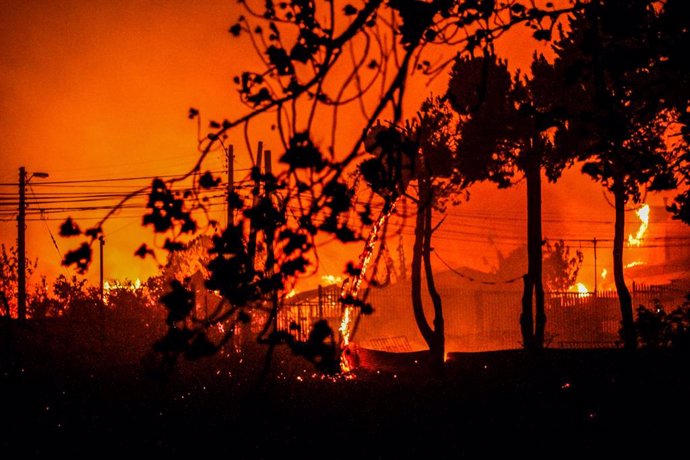 February 2, 2024, ViA’A Del Mar, Chile: Flames of fire, smoke are seen as houses burn down following a huge fire in Viña del Mar. The mega fire occurred in Viña del Mar and surrounding areas with a result of 1000 burned houses, 10 missing people, and 7,00