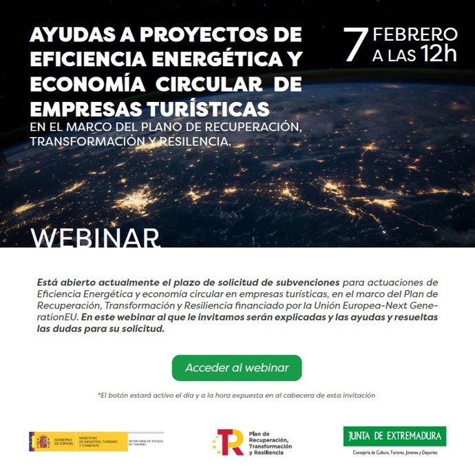 Cartel del webinar para informar sobre ayudas a la eficiencia energética en alojamientos turísticos extremeños