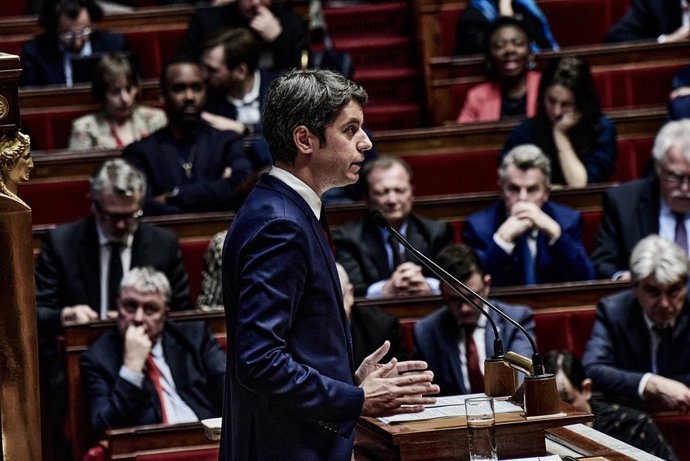 30 January 2024, France, Paris: French Prime Minister Gabriel Attal delivers his speech of general politic in front of the French National Assembly. Photo: Antonin Burat/Le Pictorium via ZUMA Press/dpa