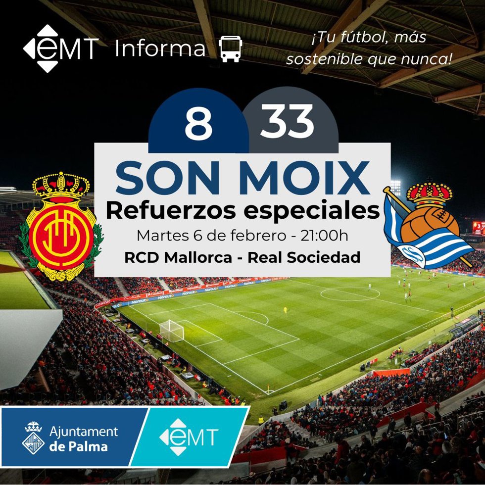 La EMT refuerza sus servicios para el partido entre el RCD Mallorca y la Real Sociedad