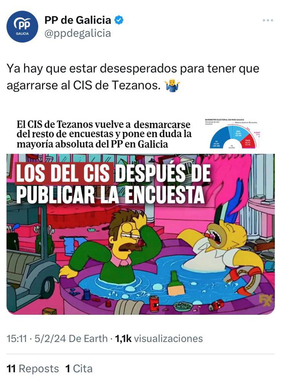 Post del PPdeG sobre el CIS en 'X'.