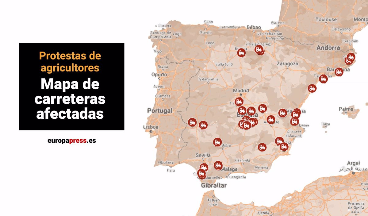Mapa de cortes de tráfico provocados por las protestas de agricultores en  carreteras
