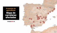 Mapa de cortes de tráfico provocados por las protestas de agricultores en carreteras