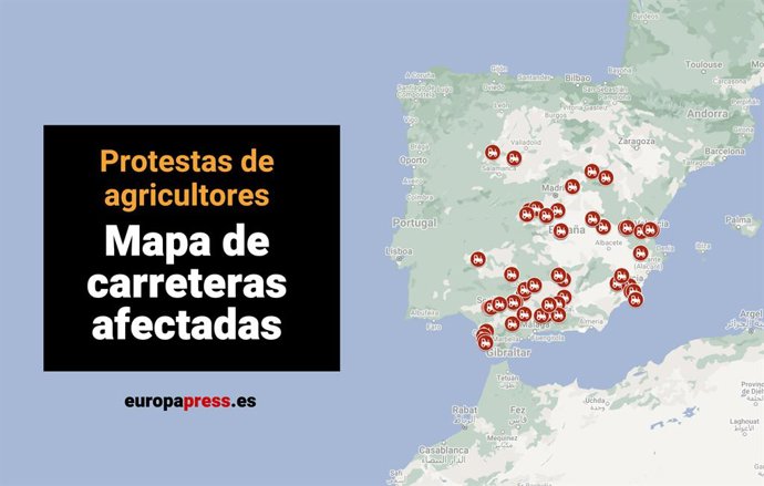 Mapa de cortes y carreteras afectadas por la tractorada de agricultores hoy