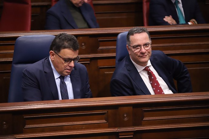 El consejero de Educación del Gobierno de Canarias, Poli Suárez (d), junto al consejero de Política Territorial, Manuel Miranda, en un Pleno en el Parlamento