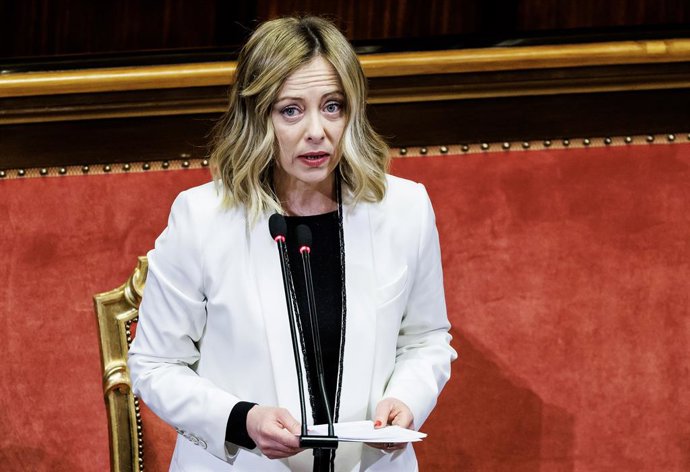 29 January 2024, Italy, Rome: Italian Prime Minister Giorgia Meloni addresses the guests of the Italy-Africa international conference (A bridge for common growth) at the Italian Senate. Photo: Roberto Monaldo/LaPresse via ZUMA Press/dpa
