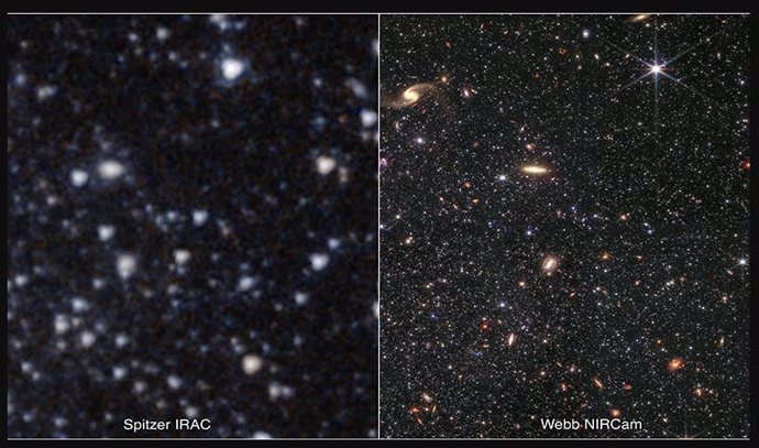 Dos vistas de una porción de la galaxia WLM, una tomada por el Telescopio Espacial Hubble de la NASA (izquierda) y la segunda por su Telescopio Espacial James Webb.