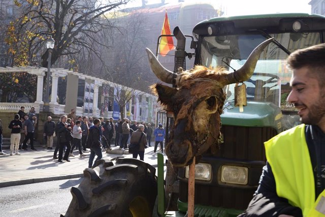 Agricultores y ganaderos durante una concentración de tractores, a 6 de febrero de 2024, en Ourense, Galicia (España). Agricultores y ganaderos de toda España han sacado sus tractores a las carreteras desde esta madrugada para pedir mejoras en el sector, 