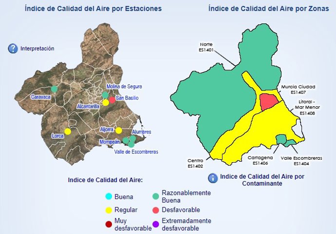 Índice de la calidad del aire en la Región de Murcia a 7 de febrero de 2024