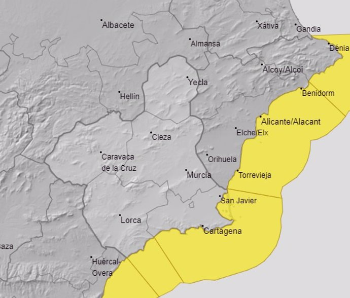 La Aemet emite un aviso amarillo por fuertes rachas de viento para este viernes en todo el litoral de la Región
