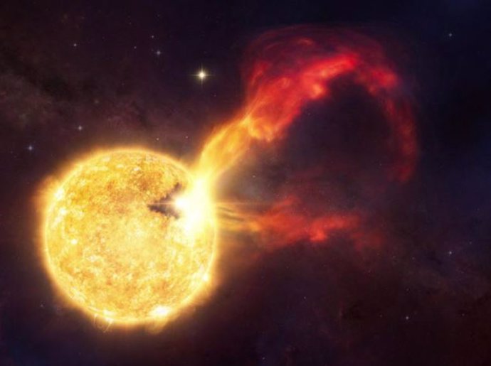 Una representación artística de una llamarada de HD 283572, una joven estrella cercana.