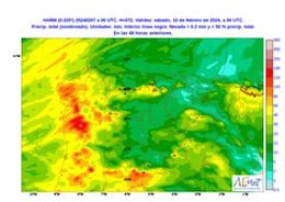 Mapa elaborado por la Aemet sobre la previsión de rachas de viento y lluvia por la borrasca Karlotta