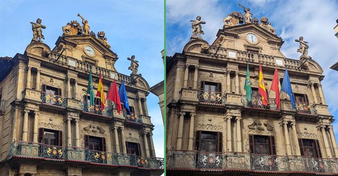 Montaje de la fachada del Ayuntamiento de Pamplona tras la recuperación de los balcones.