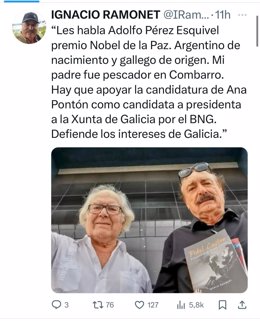 Beiras se suma a la campaña del BNG y participa en un acto con Pontón, que recibe el apoyo del nobel Pérez Esquivel