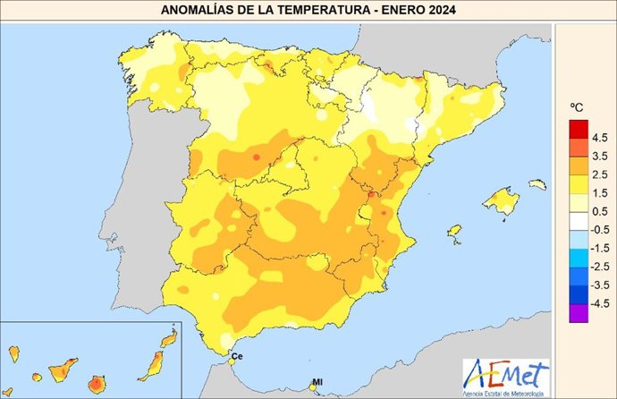 Mapa de España con anomalías de temperatura en enero de 2024