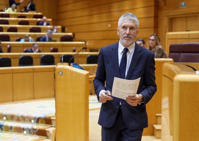 El ministro del Interior, Fernando Grande-Marlaska, durante una sesión plenaria en el Senado, a 7 de febrero de 2024, en Madrid (España). La senda de déficit y deuda pública se debate hoy en el pleno del Senado, después de que el Congreso la convalidara