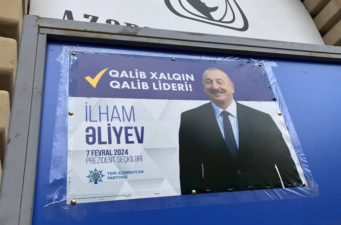 05 February 2024, Azerbaijan, Baku: An election poster in the capital shows President Ilham Aliyev. Photo: Hannah Wagner/dpa