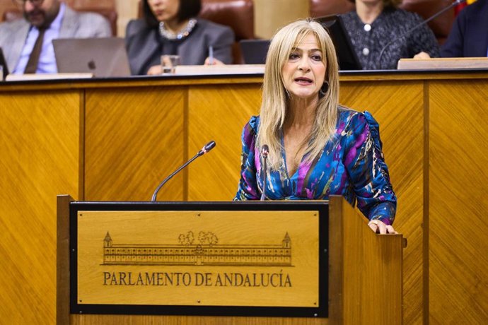 La consejera de Desarrollo Educativo y Formación Profesional, Patricia del Pozo, en el Pleno del Parlamento andaluz.