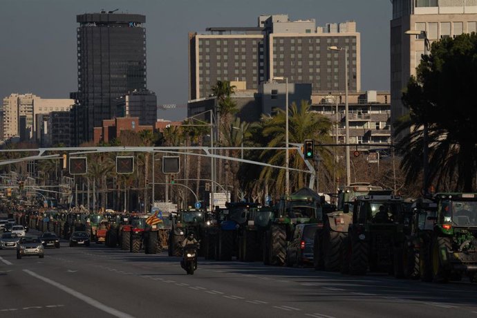 Varios tractores de agricultores se dirigen a la avenida Diagonal durante una manifestación en la segunda jornada de protestas, a 7 de febrero de 2024 en Barcelona, Catalunya (España)