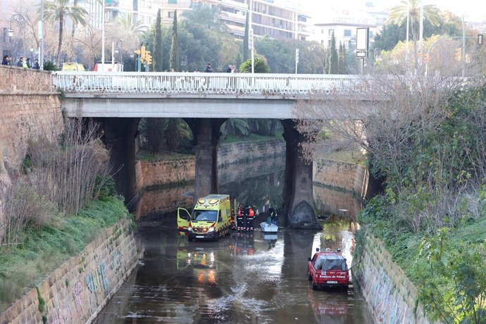 Una ambulancia bajo el puente del torrente de Sa Riera donde ha sido hallado un hombre herido, a 7 de febrero de 2024, en Palma de Mallorca, Mallorca, Baleares (España). 