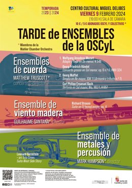 El Centro Cultural Miguel Delibes acoge mañana viernes una Tarde de Ensembles de la Orquesta Sinfónica de Castilla y León junto a miembros de la Orquesta de Cámara Mahler