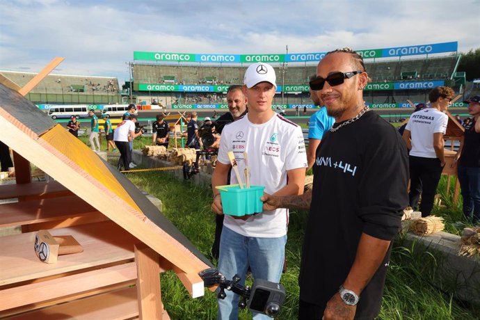 Archivo - Mick Schumacher junto a Lewis Hamilton durante el Gran Premio de Japón de 2023