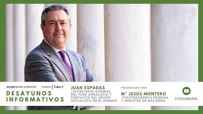 Cartel anunciador del desayuno informativo de Europa Press Andalucía con el secretario general del PSOE-A, Juan Espadas, presentado por la vicepresidenta primera del Gobierno, María Jesús Montero, el viernes 9 de febrero en Málaga