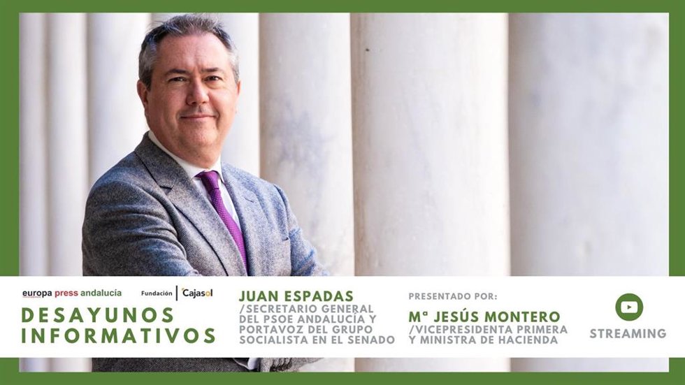 Cartel anunciador del desayuno informativo de Europa Press Andalucía con el secretario general del PSOE-A, Juan Espadas, presentado por la vicepresidenta primera del Gobierno, María Jesús Montero, el viernes 9 de febrero en Málaga