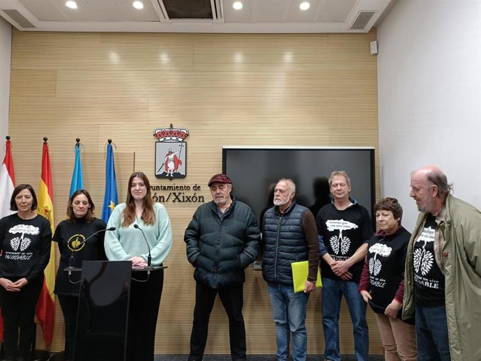 Rueda de prensa de la portavoz de Podemos en el Ayuntamiento de Gijón, Olaya Suárez, acompañada de miembros de la Plataforma Anticontaminación.