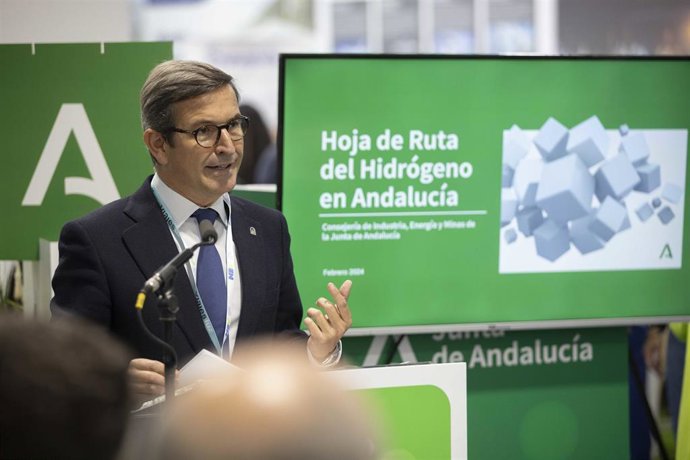 El consejero de Industria, Energía y Minas, Jorge Paradela, en su intervención en Huelva para desgranar la hota de ruta del hidrógeno verde en Andalucía.