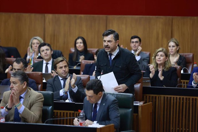 El portavoz del PP-A, Toni Martín, este jueves durante su pregunta al presidente de la Junta de Andalucía, Juanma Moreno. 