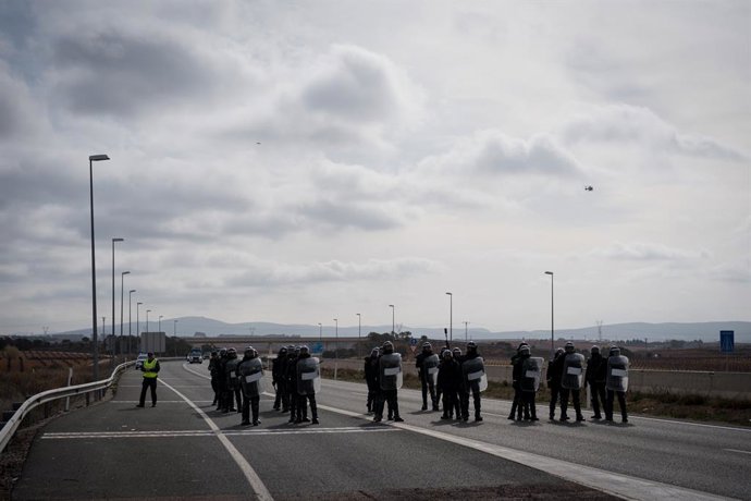 Diversos antidisturbis acudeixen a una carretera tallada per desenes d'agricultors durant la tercera jornada de protestes dels ramaders i agricultors per a demanar millores al sector, a l'autovia A-3