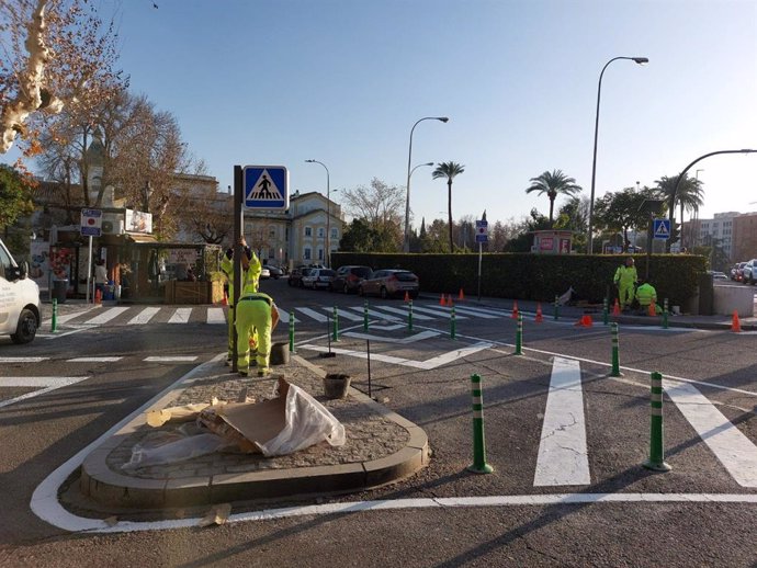 Instalación del paso de peatones inteligente en el cruce de la calle Pintor López Obrero con el Hospital de la Cruz Roja en Córdoba.