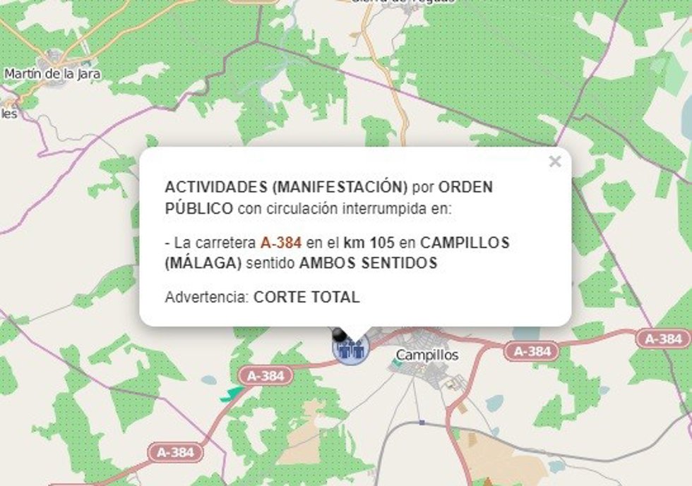 La A-384 está cortada al tráfico en ambos sentidos en la carretera A-384 en el municipio de Campillos.