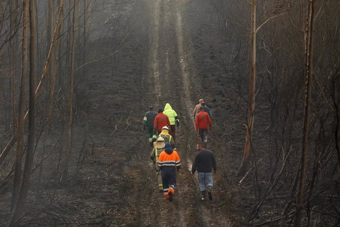 Agentes de los equipos de bomberos trabajan en el lugar del incendio, a 8 de febrero de 2024, en Trabada, Lugo