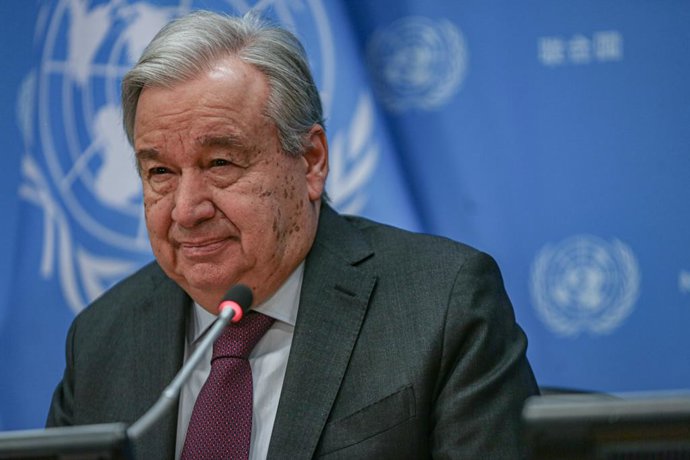 February 8, 2024, New York, New York, USA: The Secretary-General ANTONIO GUTERRES speaks to the press about his priorities for 2024 and voiced his thoughts, opinions on the biggest issues as Secretary General today. .He also answered questions from the 