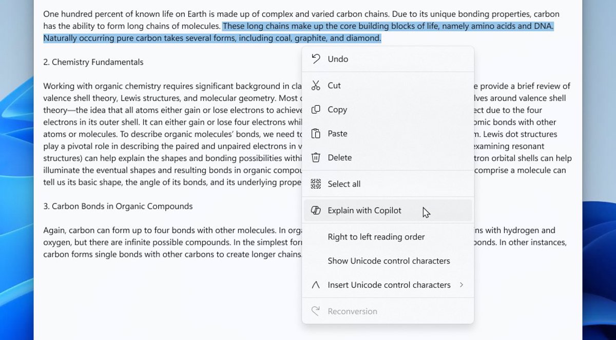 Copilot AI feature in Notepad to provide document content explanations, being tested by Microsoft