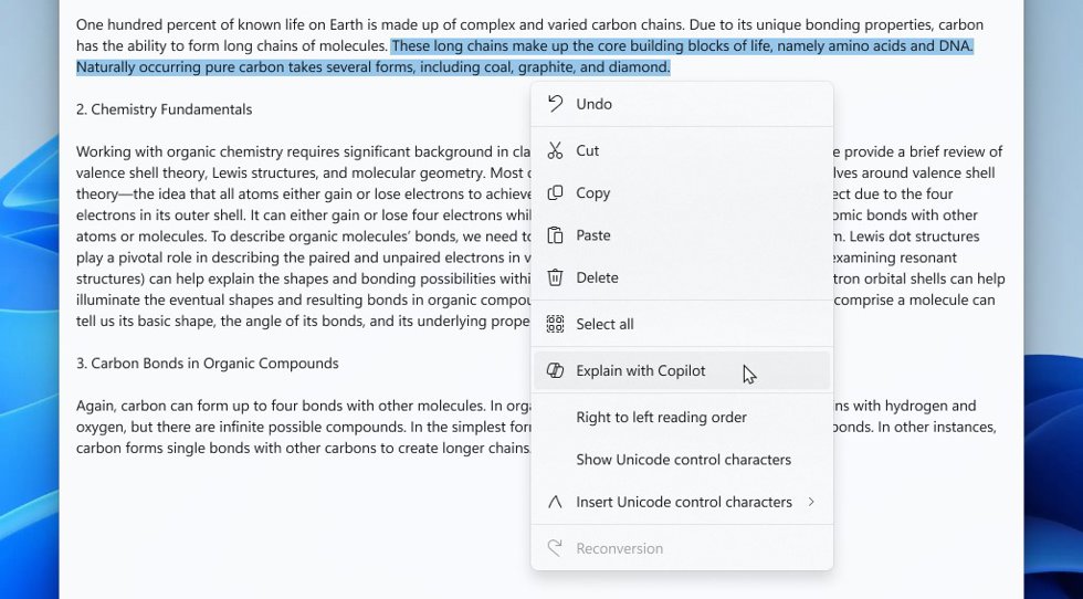 La nueva función 'Explicar con Copilot' para el Bloc de Notas de Windows.