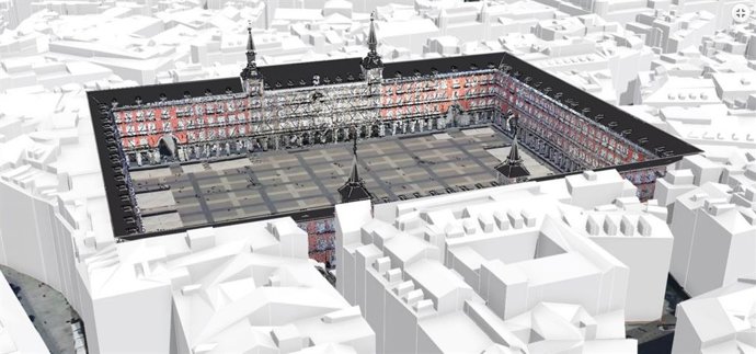Un visor 3D en la web del Ayuntamiento muestra el escaneado más detallado de fachadas y soportales de la Plaza Mayor