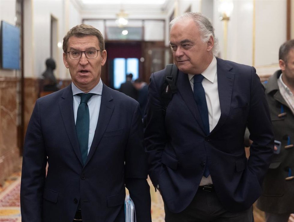 El presidente del PP, Alberto Núñez Feijóo (i), y el vicesecretario de Institucional del PP, Esteban González Pons (d), a su llegada a una sesión plenaria, en el Congreso de los Diputados, a 7 de febrero de 2024, en Madrid (España). El presidente del Go