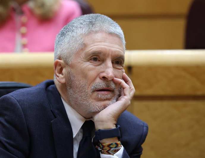 El ministro del Interior, Fernando Grande-Marlaska, durante una sesión plenaria en el Senado, a 7 de febrero de 2024, en Madrid (España). La senda de déficit y deuda pública se debate hoy en el pleno del Senado, después de que el Congreso la convalidara