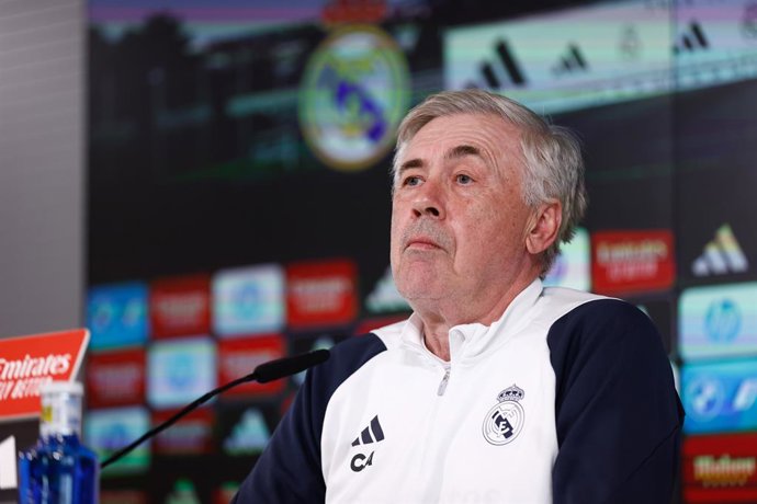 Carlo Ancelotti, head coach of Real Madrid, attends his press conference during the training day of Real Madrid before the LaLiga EA Sports football match against Atletico de Madrid at Ciudad Deportiva Real madrid on February 03, 2024 in Valdebebas, Mad