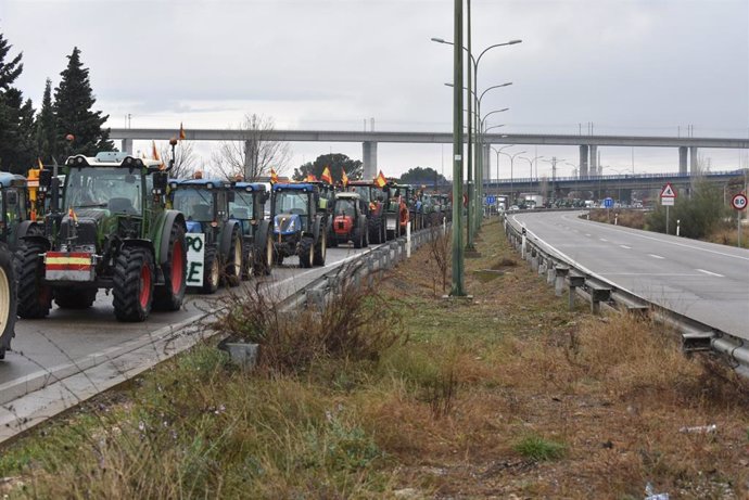 Tractores se dirigen a Zaragoza por la carretera N-330 durante la cuarta jornada de protestas de los ganaderos y agricultores, a 9 de febrero de 2024, en Zaragoza