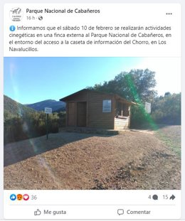 Anuncio de una cacería en una fincha cercana a la ruta del Chorro en el Parque Nacional de Cabañeros.