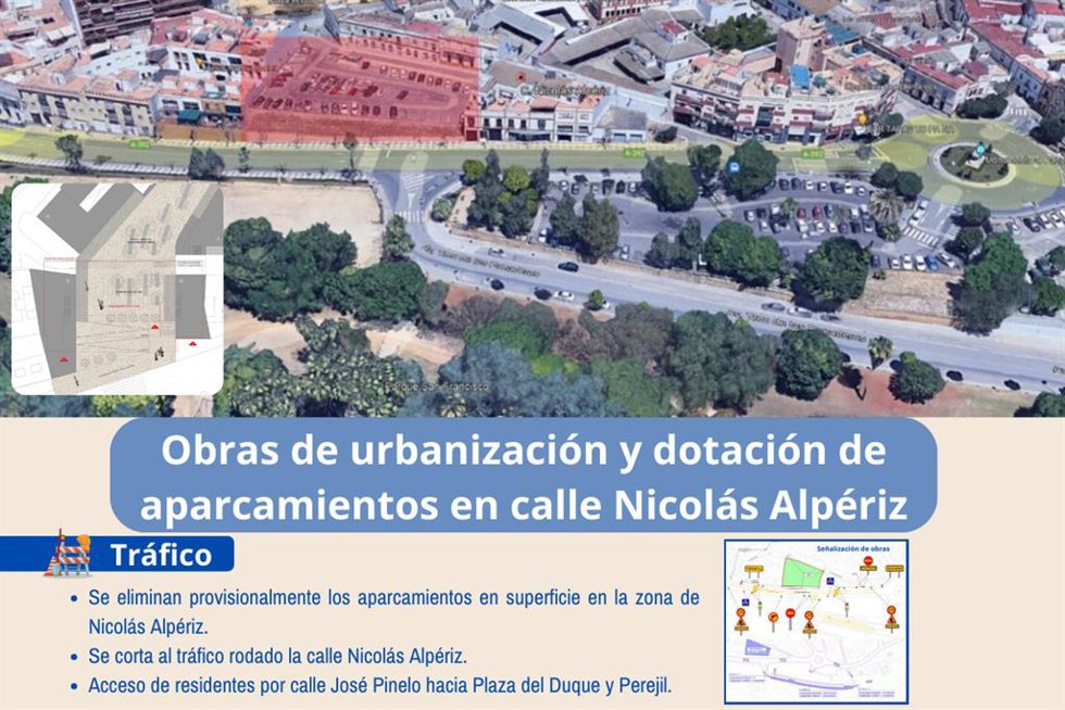 Alcalá de Guadaíra (Sevilla) cierra al tráfico la calle Nicolás Alpériz por las obras del nuevo aparcamiento.