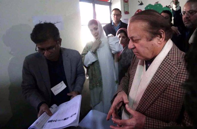 February 8, 2024, Pakistan: LAHORE, PAKISTAN, FEB 08: Muslim League (PML-N) Chief, Nawaz Sharif and Chief .Organizer, Maryam Nawaz Sharif are casting their votes at a polling station during General .Elections 2024, in Lahore on Thursday, February 8, 2024.