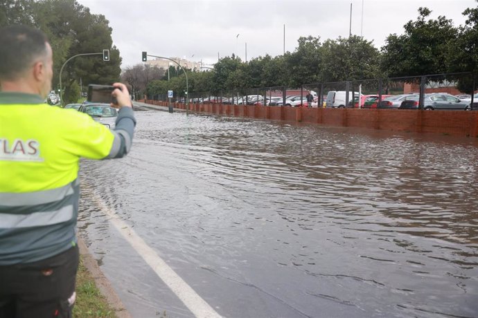 Carril inundado de agua frente al Palacio de Congresos de Sevilla