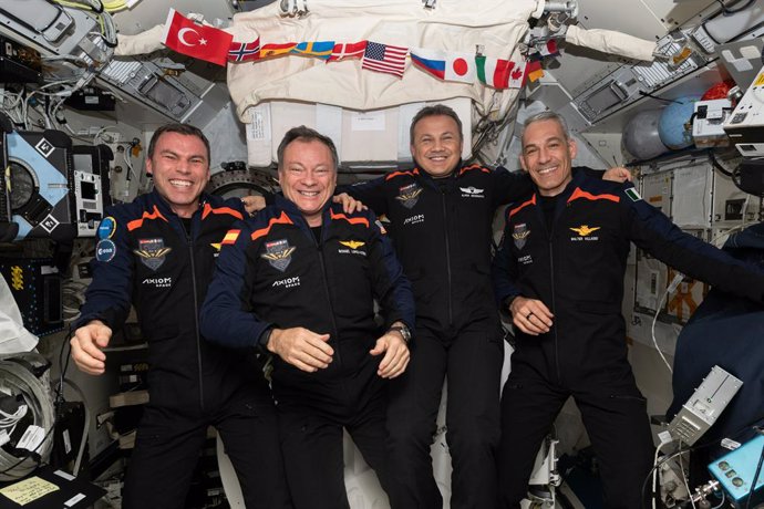 The Axiom Mission 3 (Ax-3) crewmembers, Commander Michael López-Alegría of the U.S. and Spain, Pilot Walter Villadei of Italy, and Mission Specialists Alper Gezeravci of Türkiye and European Space Agency (ESA) Project Astronaut Marcus Wandt of Sweden, flo