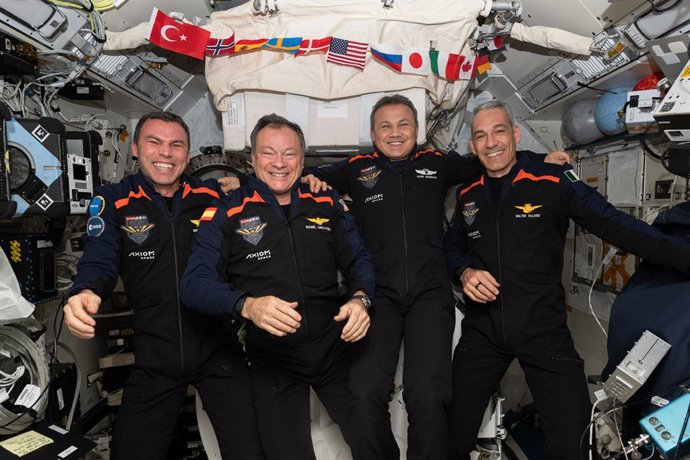 The Axiom Mission 3 (Ax-3) crewmembers, Commander Michael López-Alegría of the U.S. and Spain, Pilot Walter Villadei of Italy, and Mission Specialists Alper Gezeravci of Türkiye and European Space Agency (ESA) Project Astronaut Marcus Wandt of Sweden, f