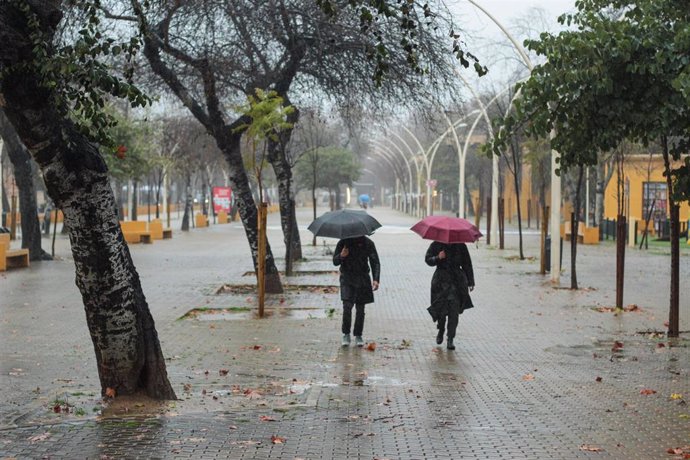 Dos personas se protegen de la lluvia con paraguas, archivo 